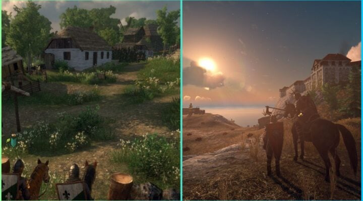 feature image for our gloria victis resources guide, the image features promo screenshots of the game of a small village with lots of grass as two characters on horses stand close by, and a screenshot of two characters standing on a hill as they overlook the cloudy sunset and landscape with a horse