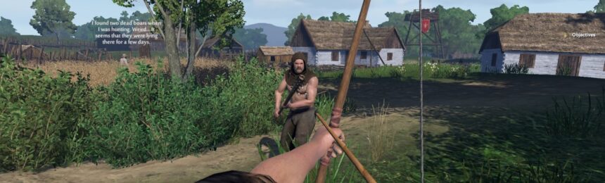 The featured image for our Gloria Victis suet guide, featuring a POV shot of a player shooting a bow at an advancing angry man.