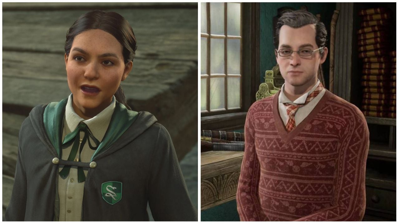 feature image for our hogwarts legacy brooms guide, the image features screenshots of albie weekes in the spintwitch's sporting needs shop, as well as the student imelda reyes