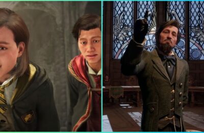 feature image for our hogwarts legacy character customization guide, the image features promo screenshots of two hogwarts students as well as a teacher