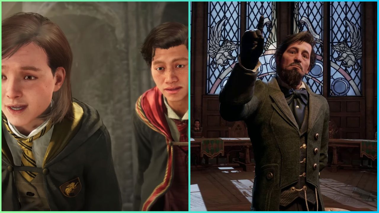 feature image for our hogwarts legacy character customization guide, the image features promo screenshots of two hogwarts students as well as a teacher