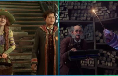 feature image for our hogwarts legacy classes guide, the image features promo screenshots of the game showcasng two of the professors such as the herbology teacher