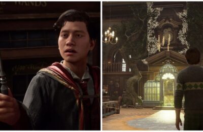 feature image for our hogwarts legacy gear guide, the image features promo screenshots of the game of a character holding up a wand, and a character walking through hogwarts