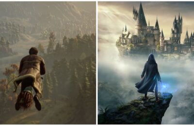 feature image for the hogwarts legacy ingredients guide, the image features a character flying on a broomstick, and promo art for the game of a character overlooking hogwarts