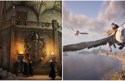 feature image for our hogwarts legacy locations guide, the image features a character flying over water, as well as a promo screenshot of the inside of hogwarts