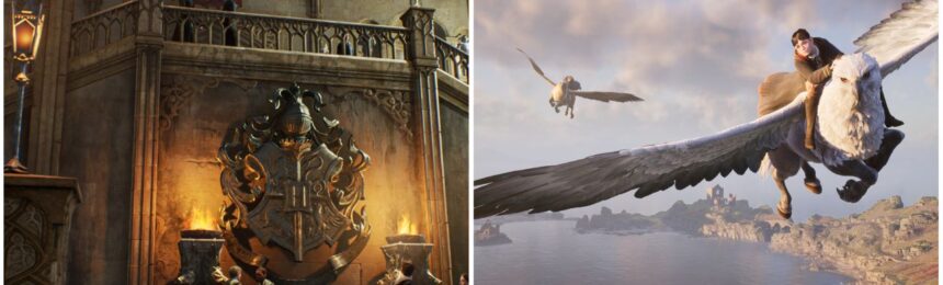 feature image for our hogwarts legacy locations guide, the image features a character flying over water, as well as a promo screenshot of the inside of hogwarts