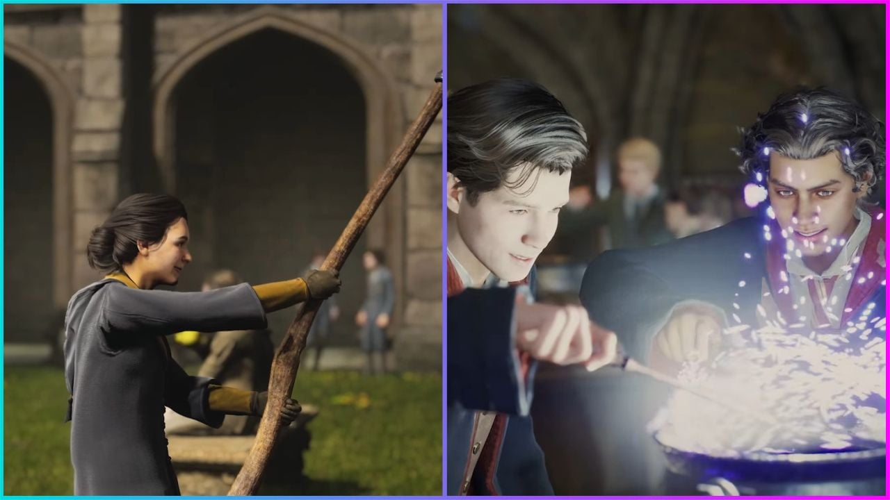 feature image for our hogwarts legacy merlin trials guide, the image features screenshots from the game's trailer such as a student holding a broom outside and two students over a brewing pot inside the school