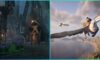 feature image for our hogwarts legacy patch guide, the image features promo photos of the game such as a student riding on a mount through the sky and a screenshot of hogsmeade