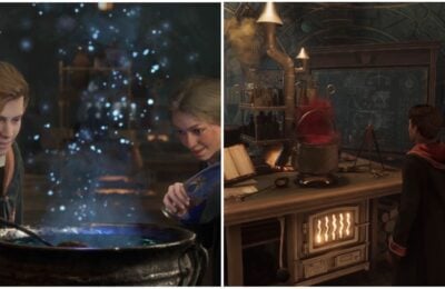 feature image for our hogwarts legacy potions guide, the image features two promo screenshots of the game, with two characters brewing a potion over a pot, and a character stood close by to the brewing pot in the room of requirement