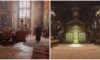 feature image for our hogwarts legacy room of requirement guide, the image features screenshots of the the inside of hogwarts