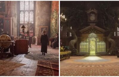 feature image for our hogwarts legacy room of requirement guide, the image features screenshots of the the inside of hogwarts