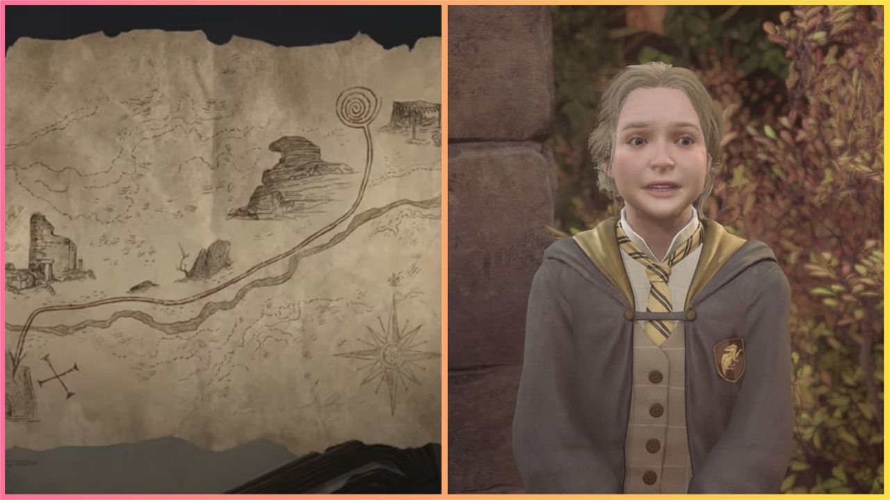 feature image for our hogwarts legacy rowland's map guide, the image features a screenshot of rowland's map as well as a screenshot of the character adelaide oakes