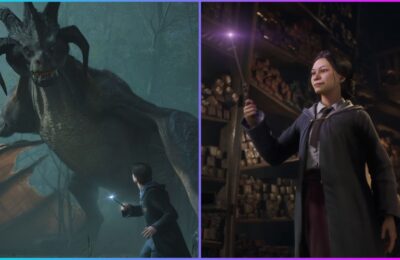 feature image for our hogwarts legacy spells guide, the image features two promo screenshots from the game, with a character holding a wand that lights up, and a character who is battling against a dragon in the forest