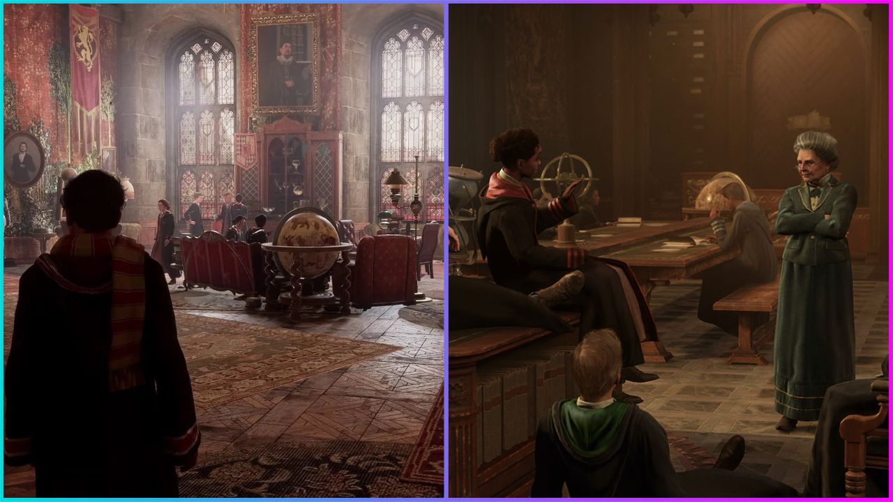 feature image for our hogwarts legacy tips guide, the image features screenshots from the game of students in a class, and of a character walking through the hogwarts castle