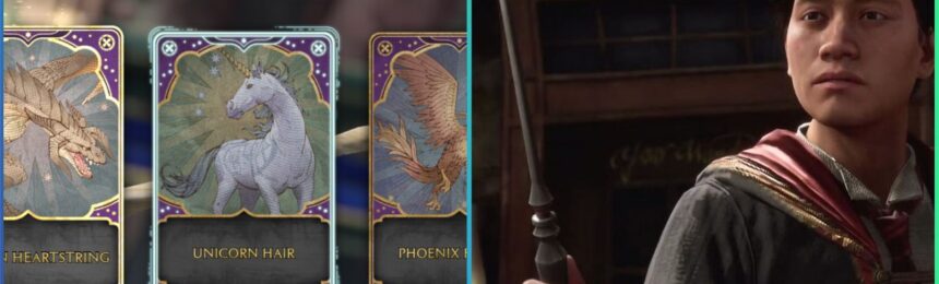 feature image for our hogwarts legacy wand guide, the image features a screenshot from the game of the wand core options shown by art cards, as well as a promo screenshot of a character holding up a wand