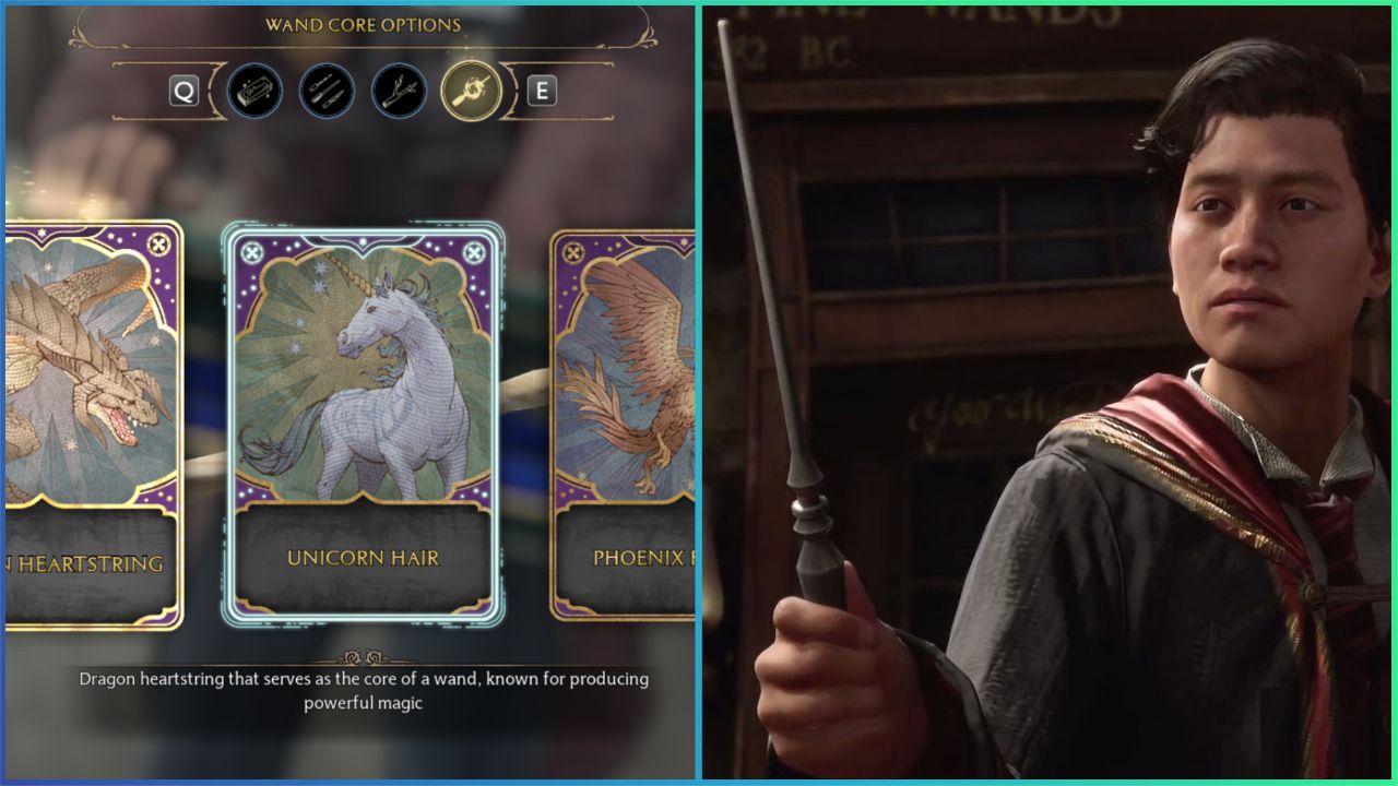 feature image for our hogwarts legacy wand guide, the image features a screenshot from the game of the wand core options shown by art cards, as well as a promo screenshot of a character holding up a wand