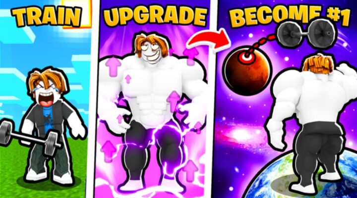 Feature image for our How Far Can You Throw codes guide. It shows three images of a Roblox character struggling to lift a dumbbell, getting stronger, then throwing the dumbbell into the sky.