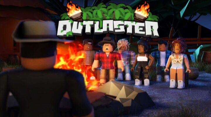 The featured image for our How To Find Advantages In Outlaster guide. The image features a few Outlaster characters looking fearfully at a mysterious man wearing a hat. The man looks at them with his back to the camera. A camp fire lights the shot, with the game's logo hanging overhead.