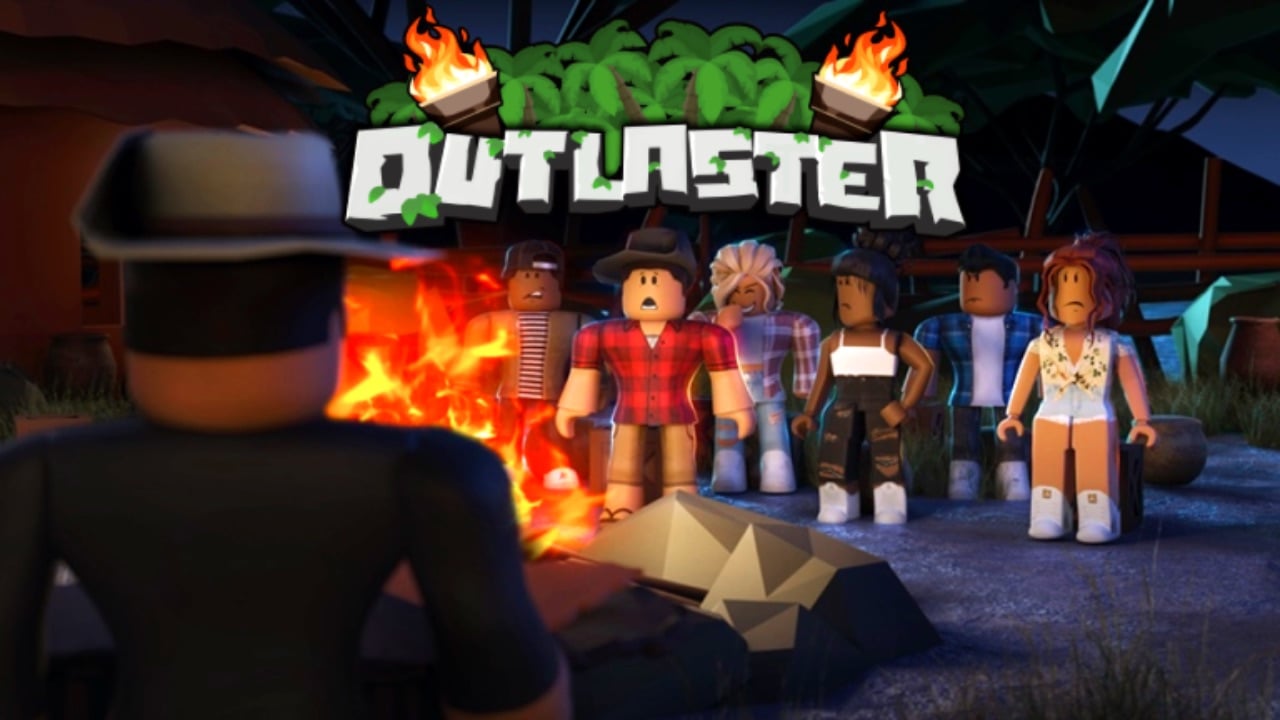 The featured image for our How To Find Advantages In Outlaster guide. The image features a few Outlaster characters looking fearfully at a mysterious man wearing a hat. The man looks at them with his back to the camera. A camp fire lights the shot, with the game's logo hanging overhead.