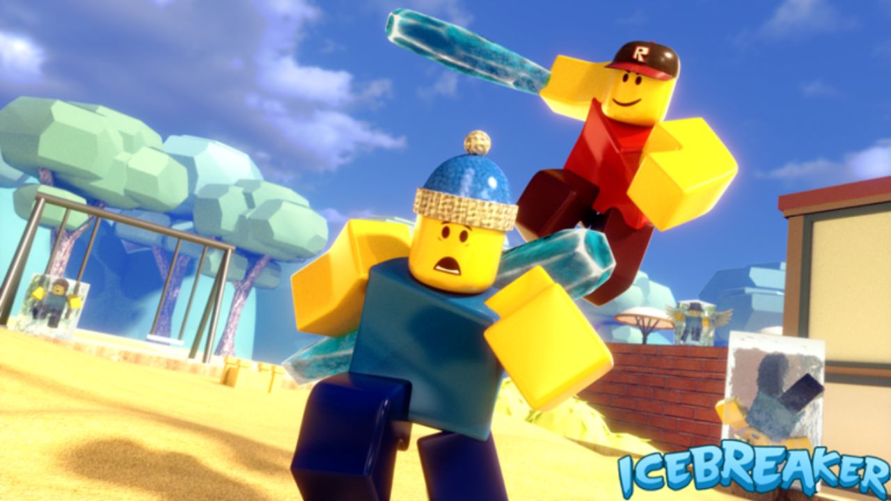 Feature image for our Icebreaker codes guide. It shows two Roblox characters, one running away the other jumping after the first, about to swing at them with an icy weapon.