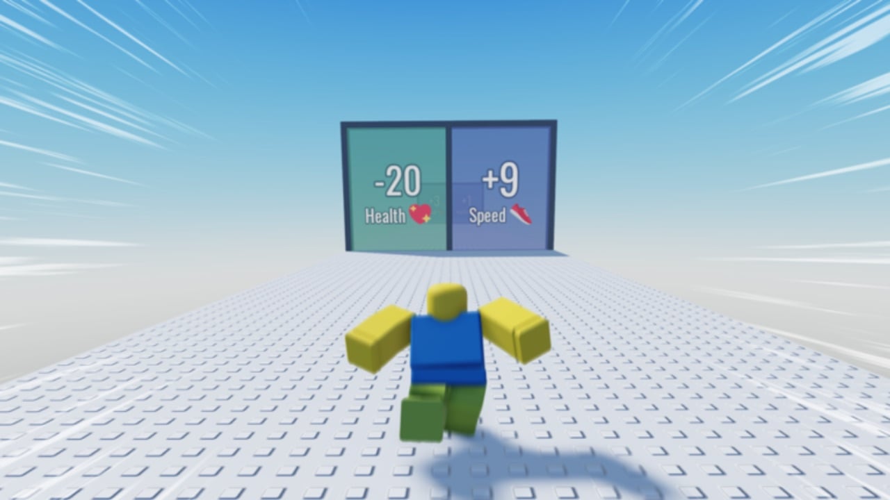 The featured image for our Lose Speed Per Second codes guide, featuring a Roblox character running down a racetrack through one of two doorways. The doorway on the left reads "-20 Health", and the doorway on the right readys "+9 health".
