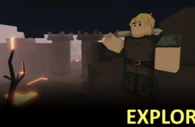 The featured image for our Lost Kingdom Tycoon codes guide, featuring a blonde Roblox character resting a sword on his shoulder. Behind him is some medieval looking castles and towers. In the bottom right of the screen, it reads "Explore".