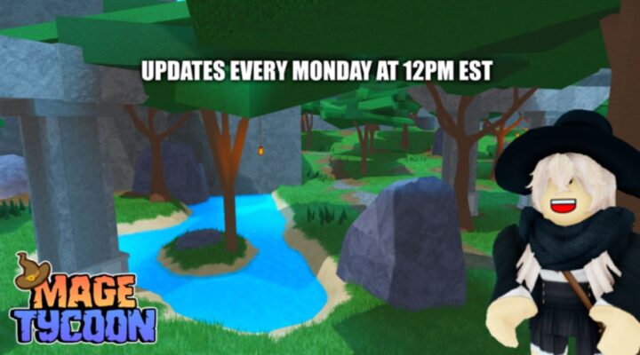 Feature image for our Mage Tycoon codes guide. It shows a Roblox character in a mage costume in front of a pond in a forest.