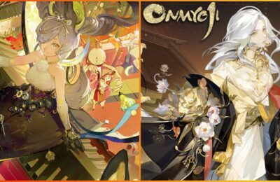 feature image for our onmyoji tier list guide, the image features two pieces of promo art of two characters as one sits upon a roof and the other is surrounded by flowers, the game's logo is also in the centre