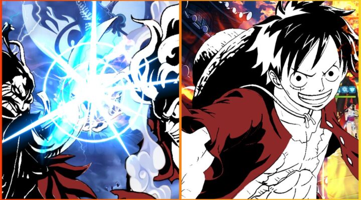 feature image for our OP dream sailor codes guide, the image features luffy from the series as he holds his fist back, as well as two characters taking part in battle with a large glow in between them