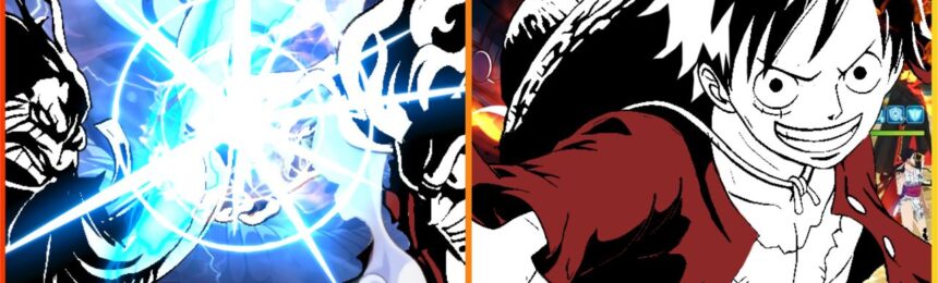 feature image for our OP dream sailor codes guide, the image features luffy from the series as he holds his fist back, as well as two characters taking part in battle with a large glow in between them