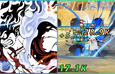 feature image for our OP dream sailor reroll guide, the image features promo art of a one piece character and a screenshot of combat gameplay with a range of damage numbers across the screen