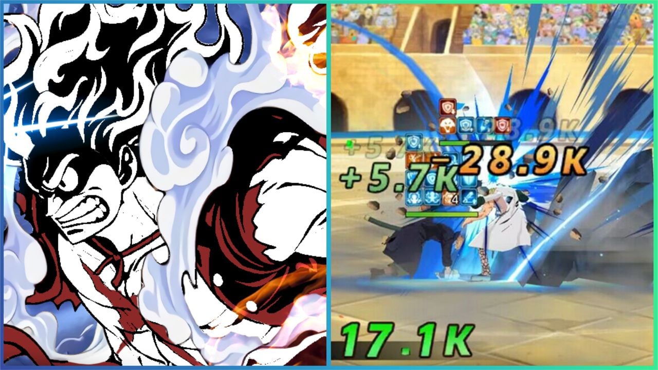 feature image for our OP dream sailor reroll guide, the image features promo art of a one piece character and a screenshot of combat gameplay with a range of damage numbers across the screen