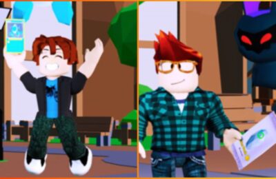 feature image for our pet trading card simulator codes guide, the image features promo screenshots of two roblox characters with pets, with one jumping into the air, and the other holding a piece of paper