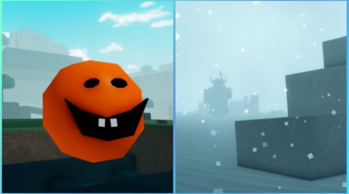feature image for our pilgrammed codes guide, the image features screenshots from the game including a boss in the shape of a ball with a smiley face, and a snowy landscape with the silhouette of a boss