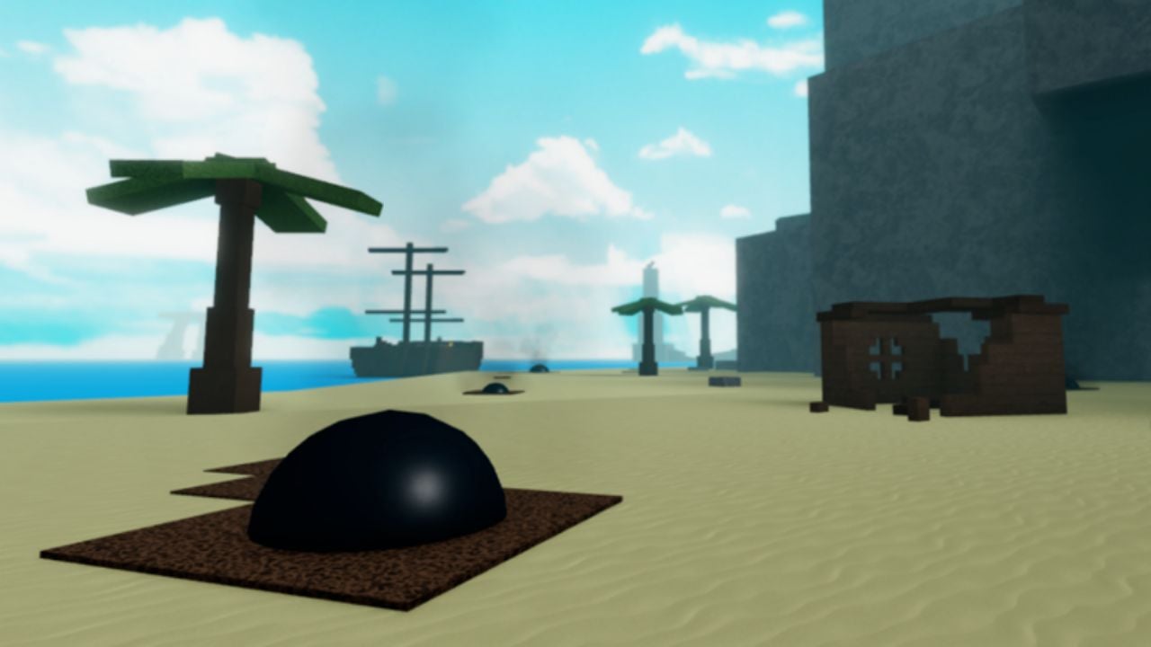 Feature image for our Pilgrammed guns guide. It shows a beach area with palm trees and a large cannonball stuck in the sand.