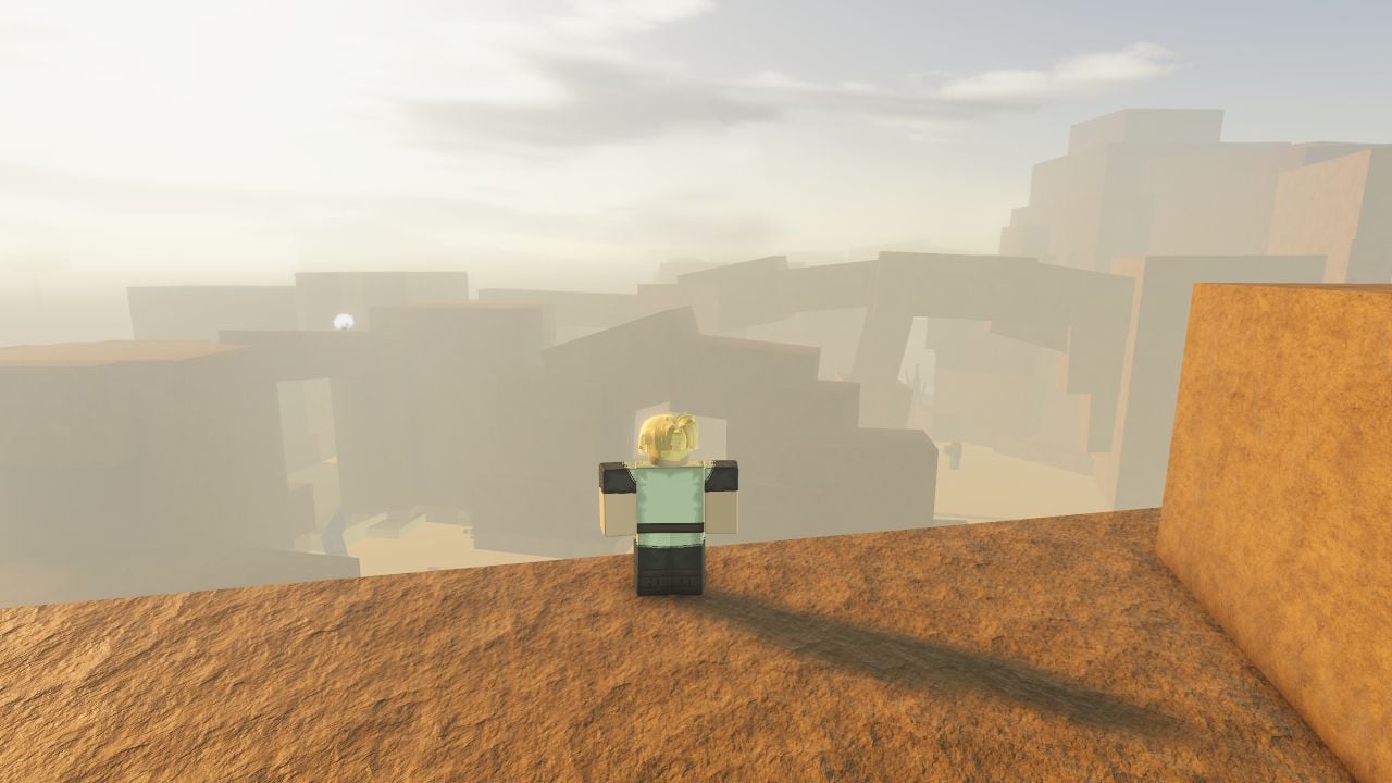Feature image for our Pilgrammed Teron guide. It shows a Pilgrammed player character stood on a cliff overlooking the Desert Of Foreboding Terror.