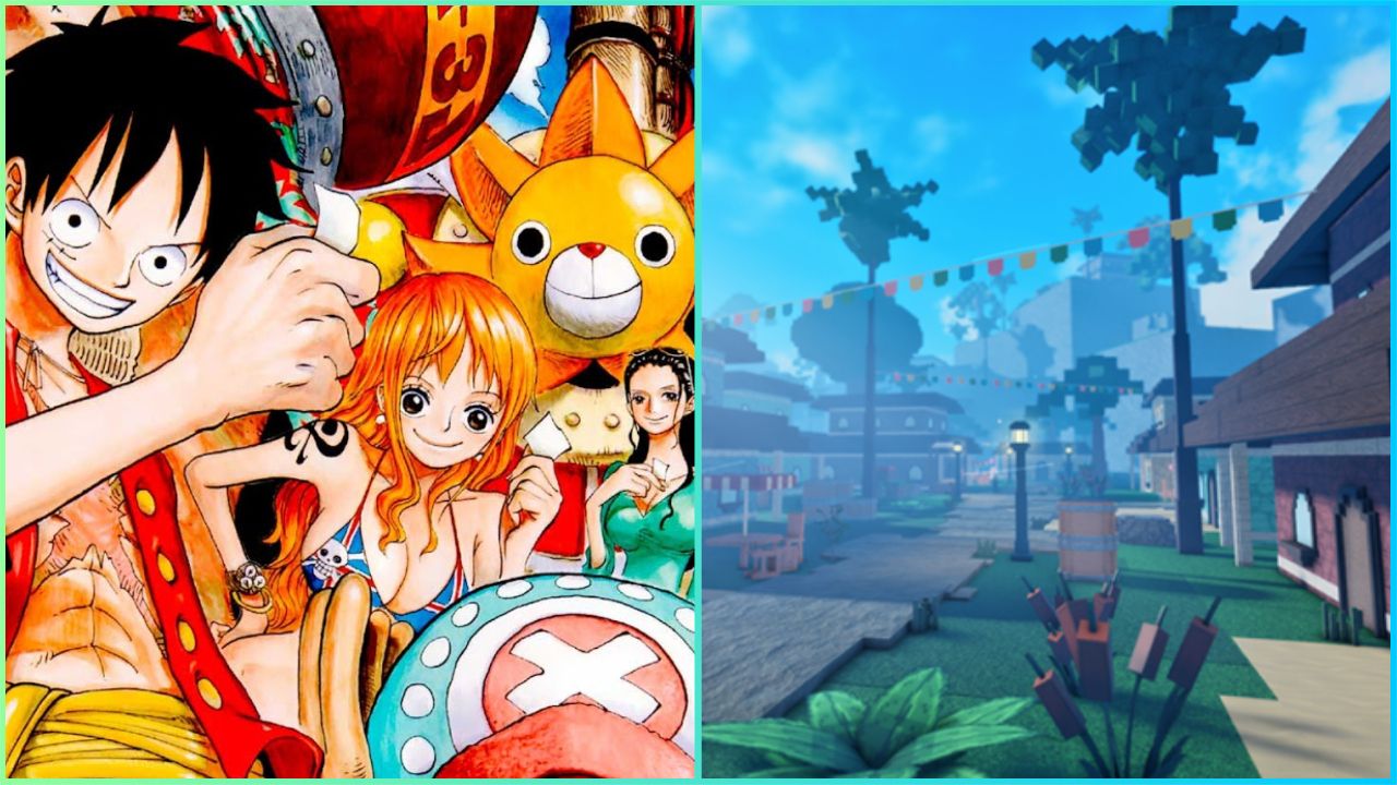 feature image for our pixel piece haki guide, the image features a screenshot of a location from pixel piece as well as official art from the one piece franchise
