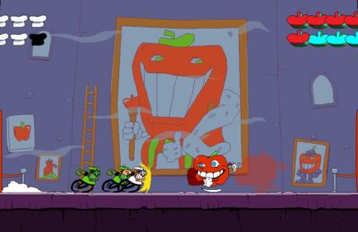 Feature image for our Pizza Tower bosses guide. It shows a boss fight between Peppino and Pepperman, a giant red pepper.