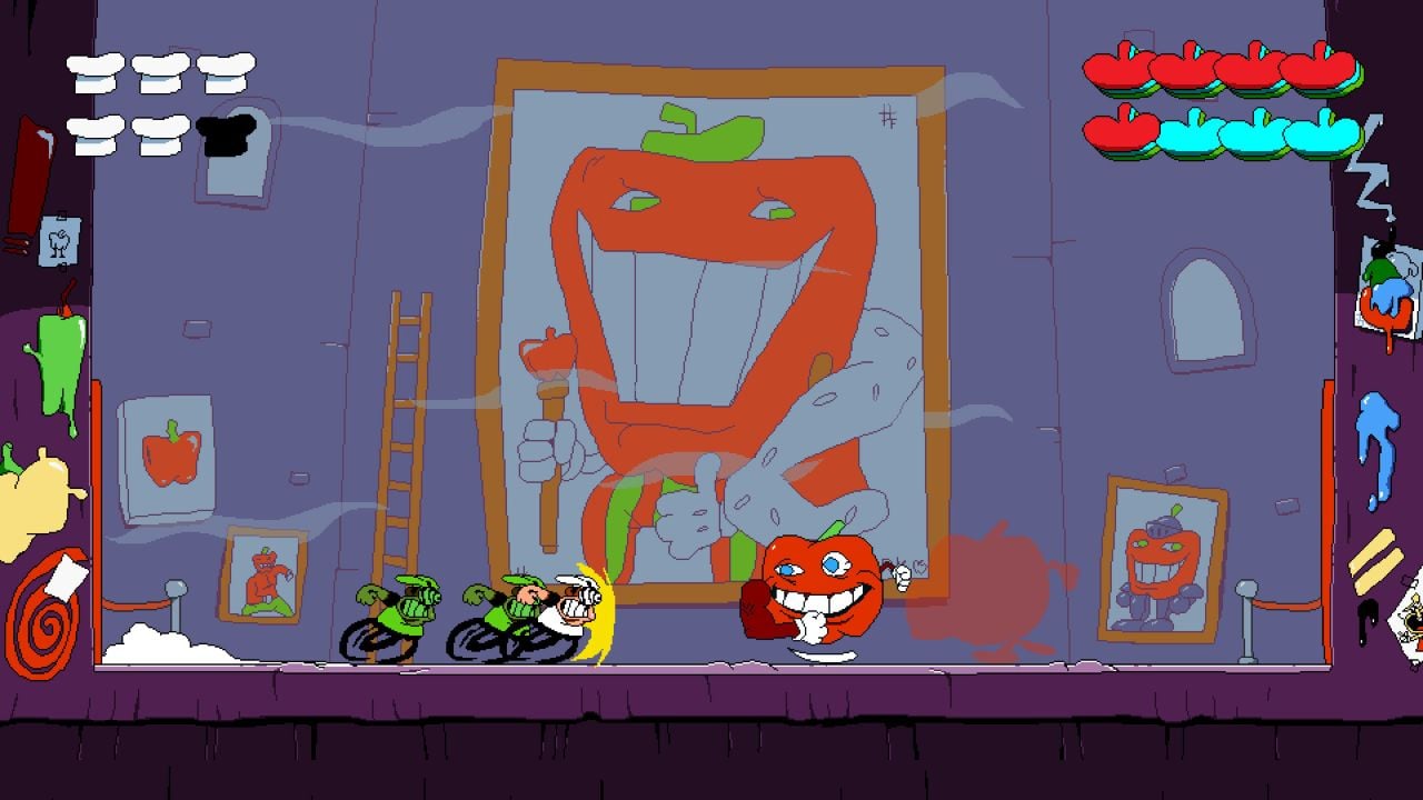 Feature image for our Pizza Tower bosses guide. It shows a boss fight between Peppino and Pepperman, a giant red pepper.