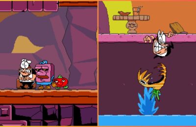 feature image for our pizza tower characters guide, the image features two screenshots from the game of the playable character looking scared and about to be eaten by a fish
