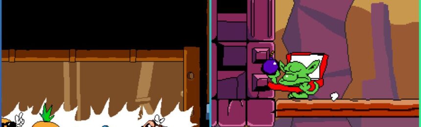 feature image for our pizza tower levels guide, the image features a playable character next to other characters as they glow, there's also a screenshot of gameplay of one of the goblins on a platform