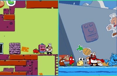 feature image for our pizza tower outfits guide, the image features two screenshots of the platformer gameplay as the playable character