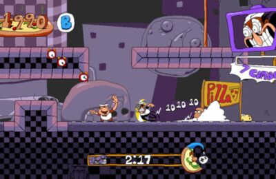 The featured image for our Pizza Tower Ranks guide, featuring a screenshot from the game. In the picture, the main characters from the game sprint their way through a dimly lit room that's made up of purple bricks.