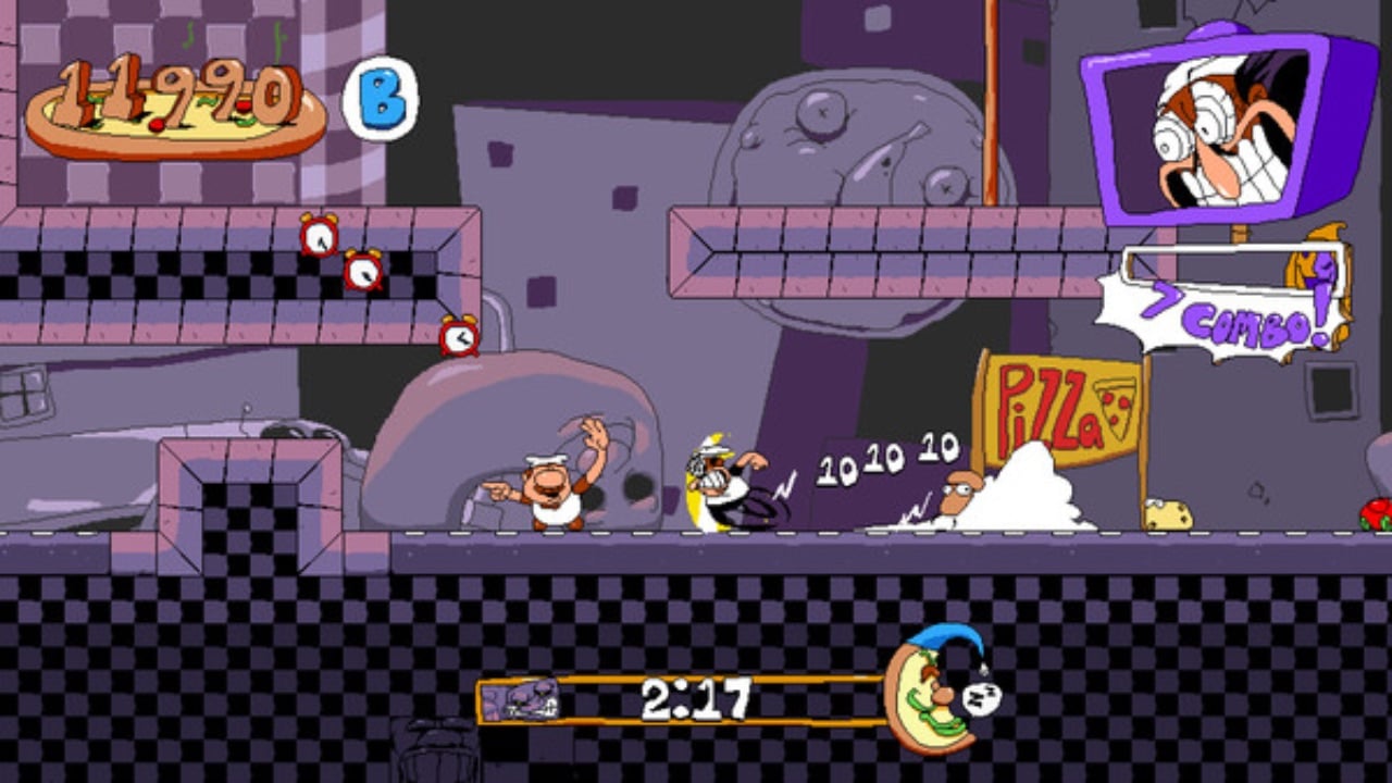The featured image for our Pizza Tower Ranks guide, featuring a screenshot from the game. In the picture, the main characters from the game sprint their way through a dimly lit room that's made up of purple bricks.