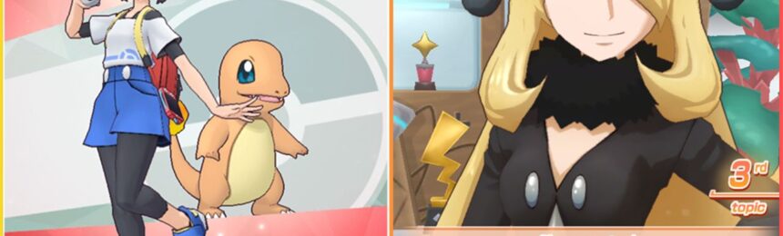 feature image for our Pokémon Masters EX tier list, the image features a pokemon trainer in their uniform as they hold a Poké ball next to the Pokémon charmander, there is also a screenshot from the game of interactive gameplay with a character with the text "give present"