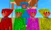 The featured image for our Poppy Playtime Simulator codes guide, featuring five smiling characters from the game, each in a different colour. There's green, red, blue, pink, and yellow.