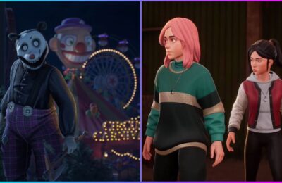 feature image for our propnight characters guide, the image features screenshots from the game of one of the killers in a panda costume as they stand at an amusement park, as well as two of the survivors from the game in casual wear