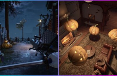 feature image for our propnight codes guide, the image features promo screenshots from the game of people using the prop hunt feature as they appear as pumpkins, a chair and a skateboard. All of the items are floating in the air outdoors, and inside a house in front of a fireplace