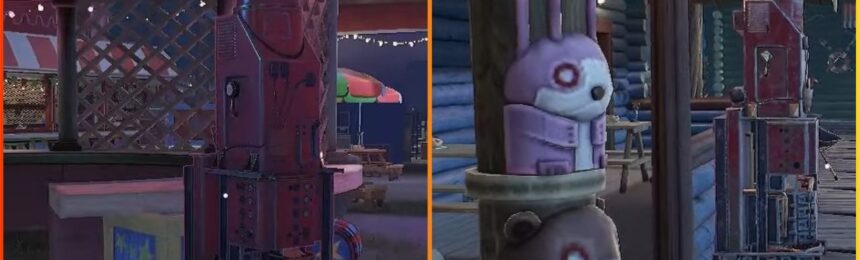 feature image for our propnight manhole guide, the image features screenshots of two maps from the game including the circus map and the camp map, both screenshots show a prop machine while one is next to a circus stand, and the other is on a wooden deck by a wooden pole with rabbit and bear shapes carved into it