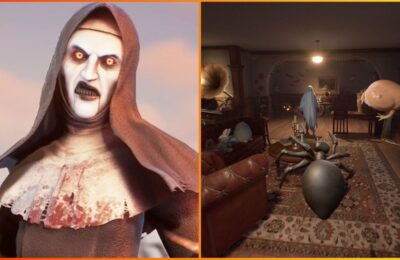 feature image for our propnight tier list, the image features a screenshot of the nun killer from the game as well as a screenshot of the inside of a house as a person in a ghost sheet stands facing the camera, and a frog and a spider are floating